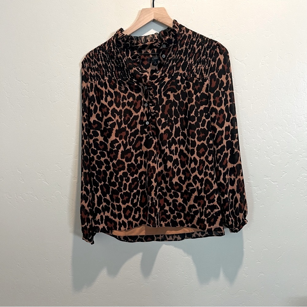 J.Crew Smocked Popover Top Leopard Crinkle Chiffon Blouse - Picture 1 of 8